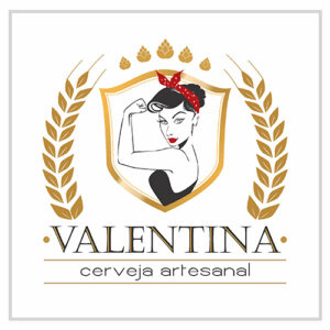 Logotipo da Cerveja Valentina neste rotulo vemos a mascote uma mulher estilo pinup mostrando a força do braço com o punho cerrado